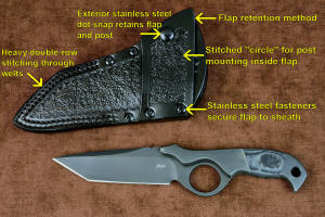 Leather post-lock knife sheath annotated photo with overview and details